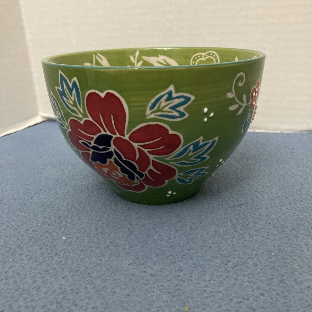 Yokohama Studio Hand Painted Green Multicolor Embossed Japanese Floral Bowl